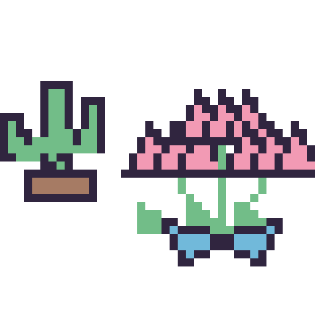 Modèle de pixel art Cactus kawaii 16 × 16 et Lotus en bouquet sur une grille de 40 par 40 cases