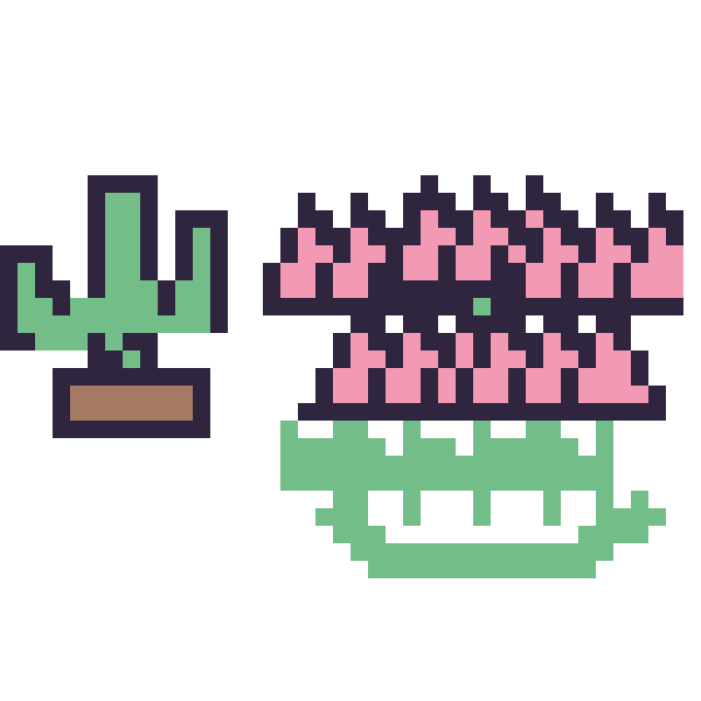 Modèle de pixel art Cactus kawaii 16 × 16 et Lotus en couronne sur une grille de 40 par 40 cases