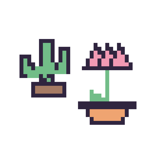 Modèle de pixel art Cactus kawaii 16 × 16 et Lotus en pot sur une grille de 40 par 40 cases