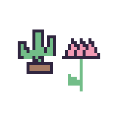 Pixel art Cactus kawaii 16 × 16 et Lotus tige fleurie, grille 40 × 40