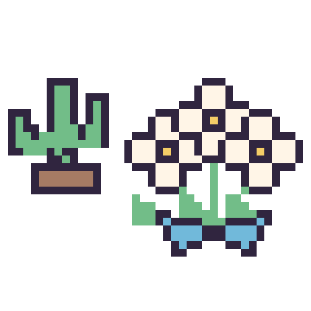 Modèle de pixel art Cactus kawaii 16 × 16 et Marguerite en bouquet sur une grille de 40 par 40 cases