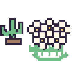 Pixel art Cactus kawaii 16 × 16 et Marguerite en couronne, grille 40 × 40