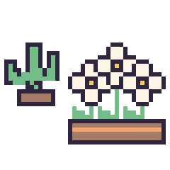Pixel art Cactus kawaii 16 × 16 et Marguerite en jardinière, grille 40 × 40