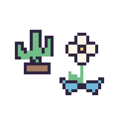 Pixel art Cactus kawaii 16 × 16 et Marguerite avec un nœud, grille 40 × 40