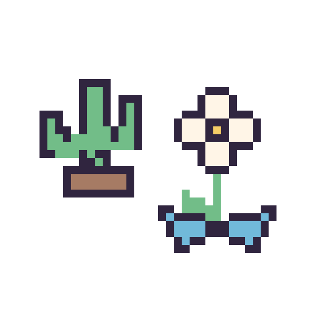 Modèle de pixel art Cactus kawaii 16 × 16 et Marguerite avec un nœud sur une grille de 40 par 40 cases