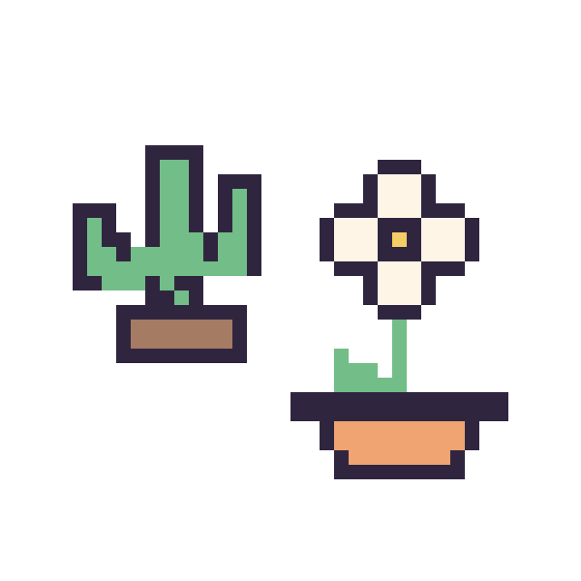 Modèle de pixel art Cactus kawaii 16 × 16 et Marguerite en pot sur une grille de 40 par 40 cases