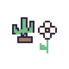 Pixel art Cactus kawaii 16 × 16 et Marguerite tige fleurie, grille 40 × 40