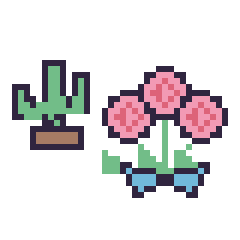 Pixel art Cactus kawaii 16 × 16 et Rose en bouquet, grille 40 × 40