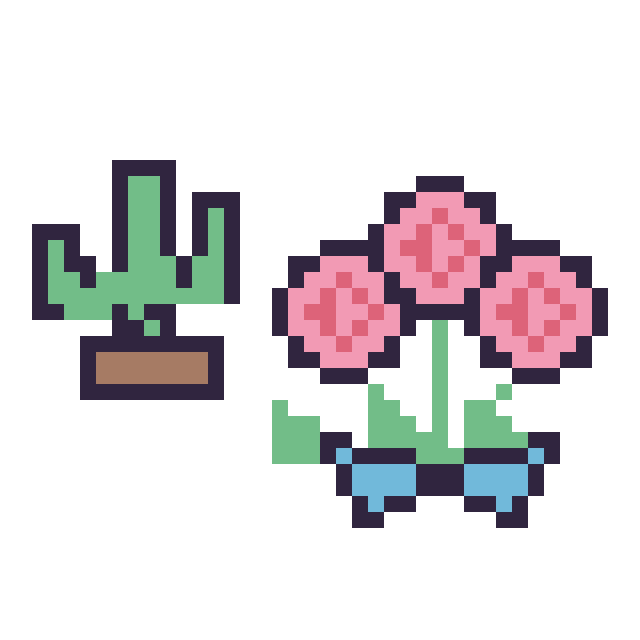Modèle de pixel art Cactus kawaii 16 × 16 et Rose en bouquet sur une grille de 40 par 40 cases