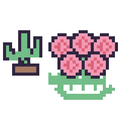 Pixel art Cactus kawaii 16 × 16 et Rose en couronne, grille 40 × 40