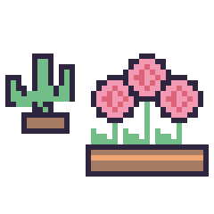 Pixel art Cactus kawaii 16 × 16 et Rose en jardinière, grille 40 × 40