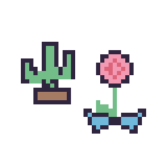 Pixel art Cactus kawaii 16 × 16 et Rose avec un nœud, grille 40 × 40