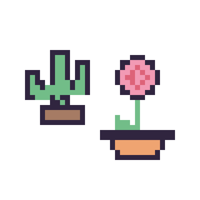 Modèle de pixel art Cactus kawaii 16 × 16 et Rose en pot sur une grille de 40 par 40 cases