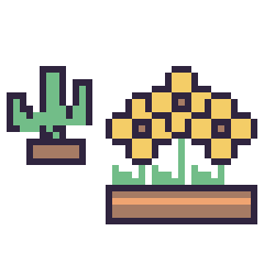Pixel art Cactus kawaii 16 × 16 et Tournesol en jardinière, grille 40 × 40