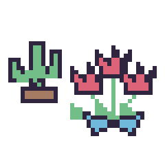 Pixel art Cactus kawaii 16 × 16 et Tulipe en bouquet, grille 40 × 40