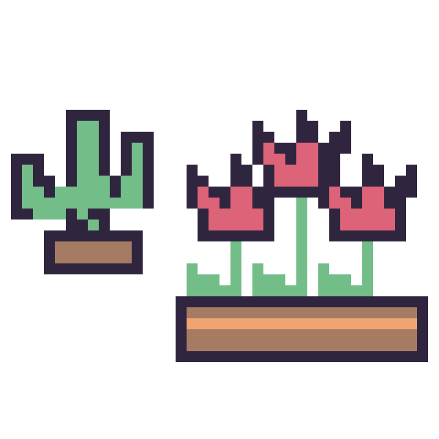 Modèle de pixel art Cactus kawaii 16 × 16 et Tulipe en jardinière sur une grille de 40 par 40 cases