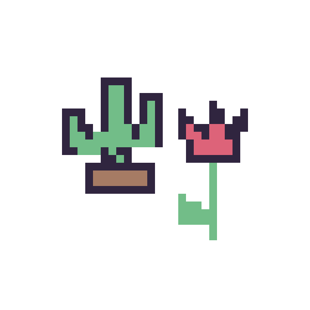 Modèle de pixel art Cactus kawaii 16 × 16 et Tulipe tige fleurie sur une grille de 40 par 40 cases