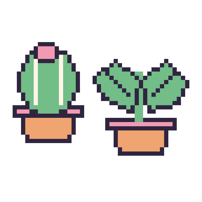 Modèle de pixel art Cactus rond et Monstera sur une grille de 48 par 48 cases