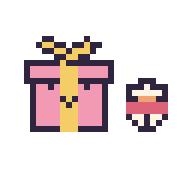 Modèle de pixel art Cadeau kawaii 16 × 16 et Bonhomme de neige simple 10 × 10 sur une grille de 32 par 32 cases