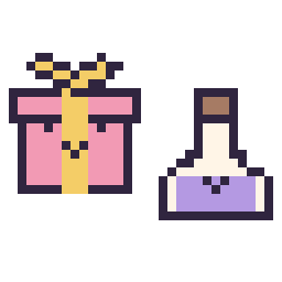 Pixel art Cadeau kawaii 16 × 16 et Potion kawaii 16 × 16, grille 32 × 32
