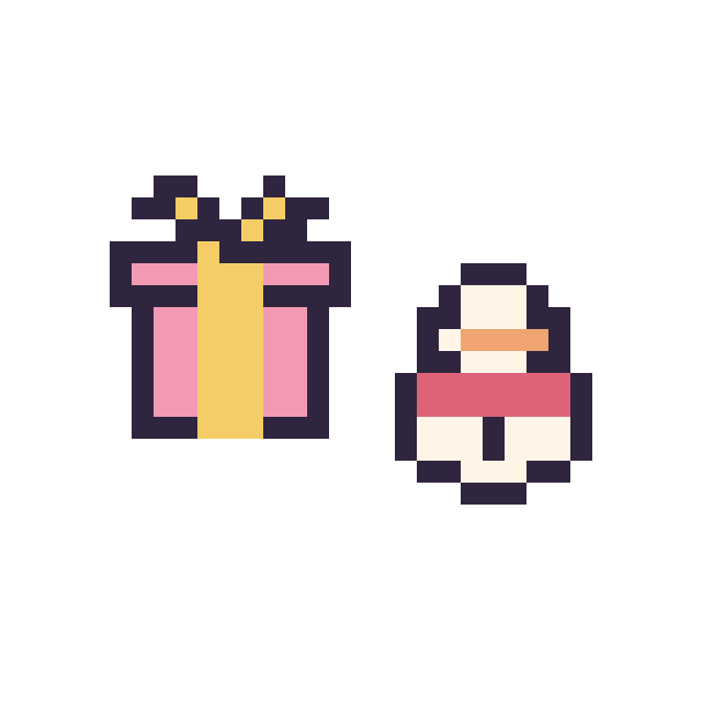 Modèle de pixel art Cadeau simple 12 × 12 et Bonhomme de neige simple 12 × 12 sur une grille de 32 par 32 cases