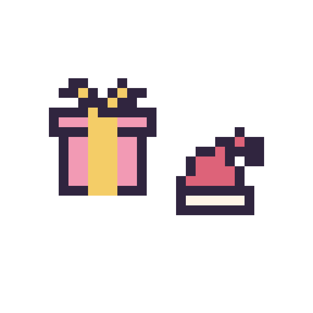 Modèle de pixel art Cadeau simple 12 × 12 et Bonnet de Noël simple 10 × 10 sur une grille de 32 par 32 cases