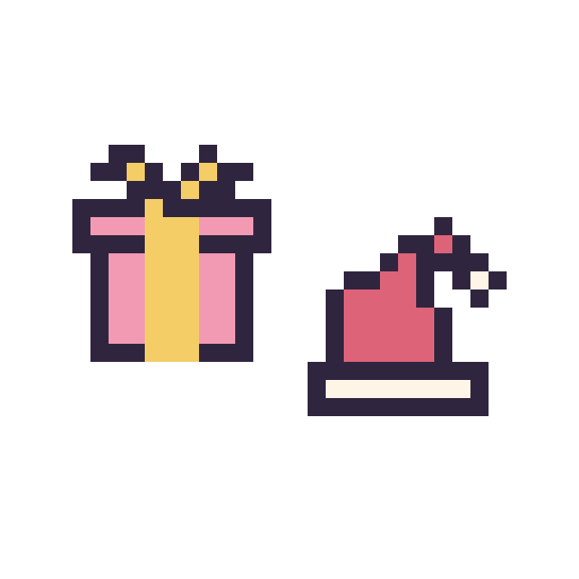 Modèle de pixel art Cadeau simple 12 × 12 et Bonnet de Noël simple 12 × 12 sur une grille de 32 par 32 cases