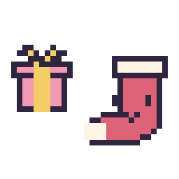 Pixel art Cadeau simple 12 × 12 et Chaussette de Noël kawaii 16 × 16, grille 32 × 32