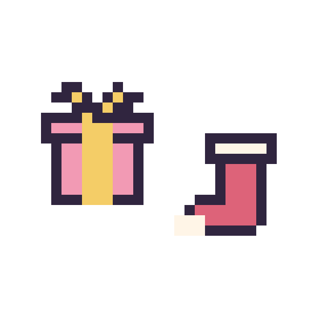 Modèle de pixel art Cadeau simple 12 × 12 et Chaussette de Noël simple 10 × 10 sur une grille de 32 par 32 cases
