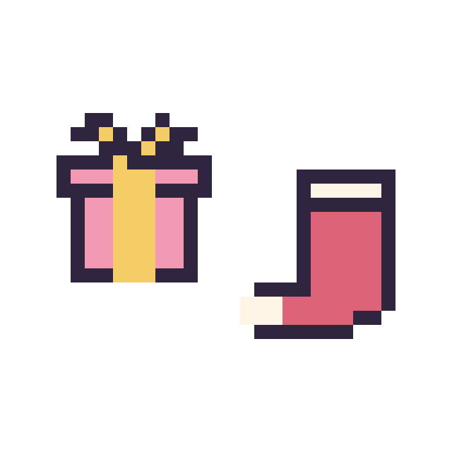 Modèle de pixel art Cadeau simple 12 × 12 et Chaussette de Noël simple 12 × 12 sur une grille de 32 par 32 cases