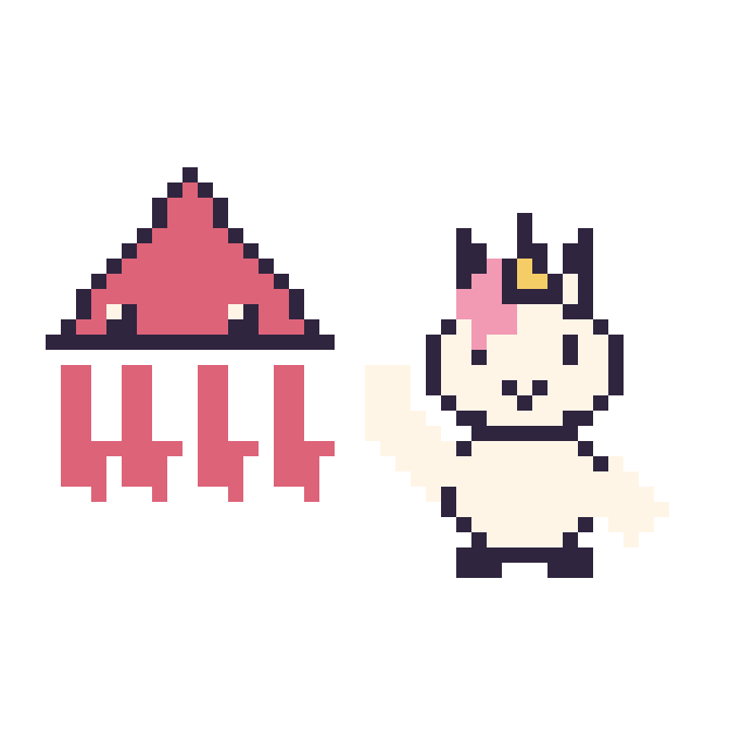 Modèle de pixel art Calamar et Licorne qui fait coucou sur une grille de 48 par 48 cases