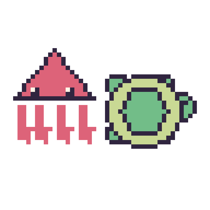 Modèle de pixel art Calamar et Tortue sur une grille de 48 par 48 cases