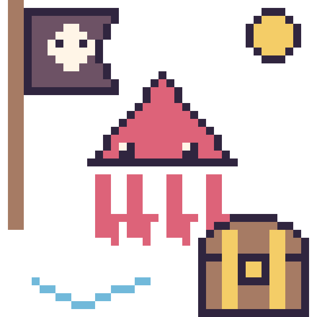Modèle de pixel art Calamar en aventure pirate sur une grille de 40 par 40 cases