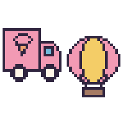 Pixel art Camion de glaces et Montgolfière, grille 48 × 48