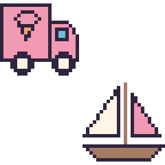 Pixel art Camion de glaces et Voilier, grille 48 × 48
