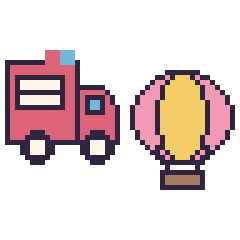 Pixel art Camion de pompier et Montgolfière, grille 48 × 48