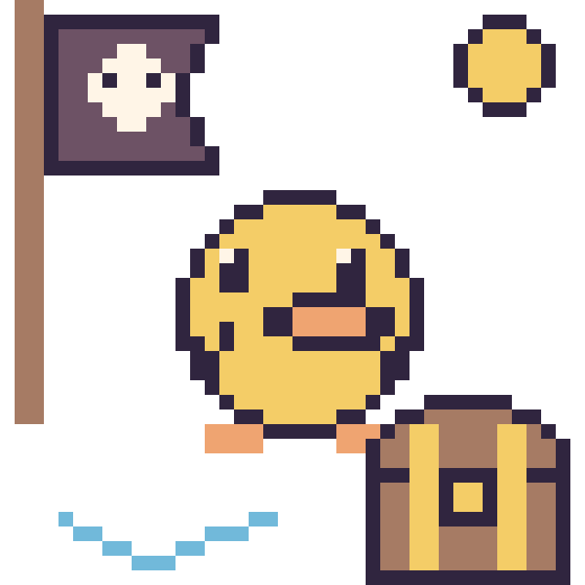 Modèle de pixel art Canard en aventure pirate sur une grille de 40 par 40 cases