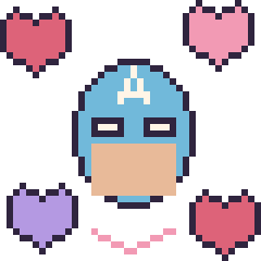 Pixel art Captain America avec des cœurs, grille 40 × 40