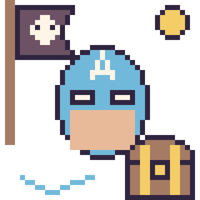 Modèle de pixel art Captain America en aventure pirate sur une grille de 40 par 40 cases