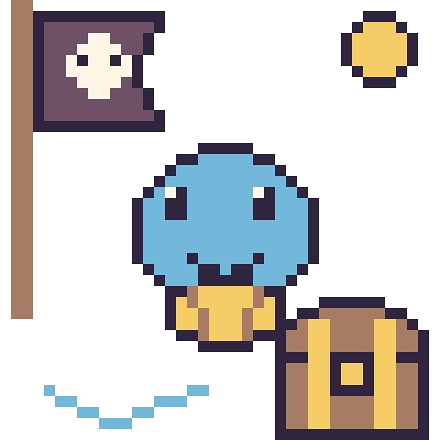Modèle de pixel art Carapuce en aventure pirate sur une grille de 40 par 40 cases