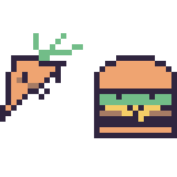 Pixel art Carotte kawaii 16 × 16 et Burger kawaii 16 × 16, grille 32 × 32