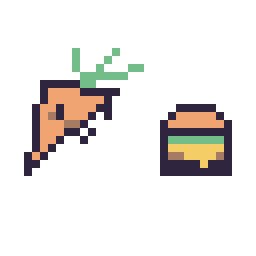 Pixel art Carotte kawaii 16 × 16 et Burger simple 10 × 10, grille 32 × 32
