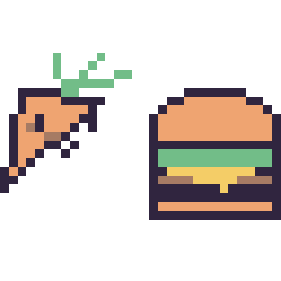 Pixel art Carotte kawaii 16 × 16 et Burger simple 16 × 16, grille 32 × 32