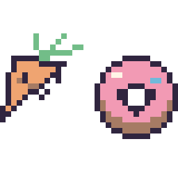 Pixel art Carotte kawaii 16 × 16 et Donut kawaii 16 × 16, grille 32 × 32