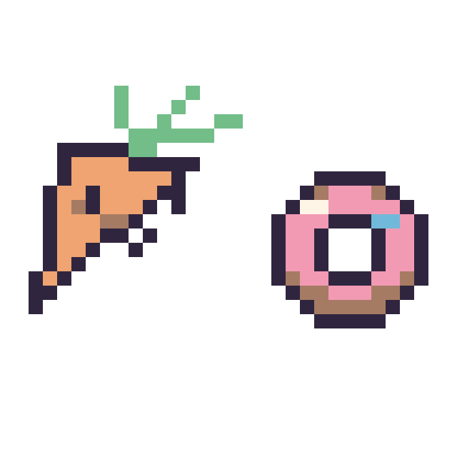 Modèle de pixel art Carotte kawaii 16 × 16 et Donut simple 12 × 12 sur une grille de 32 par 32 cases