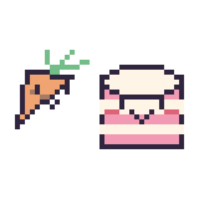 Modèle de pixel art Carotte kawaii 16 × 16 et Gâteau kawaii sur une grille de 40 par 40 cases