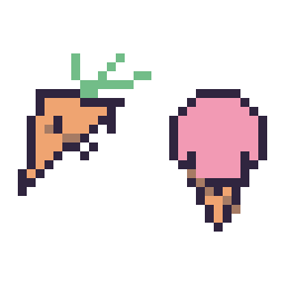 Pixel art Carotte kawaii 16 × 16 et Glace kawaii 16 × 16, grille 32 × 32