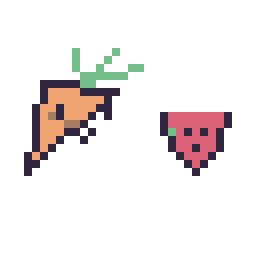 Pixel art Carotte kawaii 16 × 16 et Pastèque simple 10 × 10, grille 32 × 32