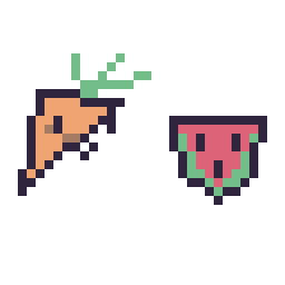 Pixel art Carotte kawaii 16 × 16 et Pastèque simple 12 × 12, grille 32 × 32