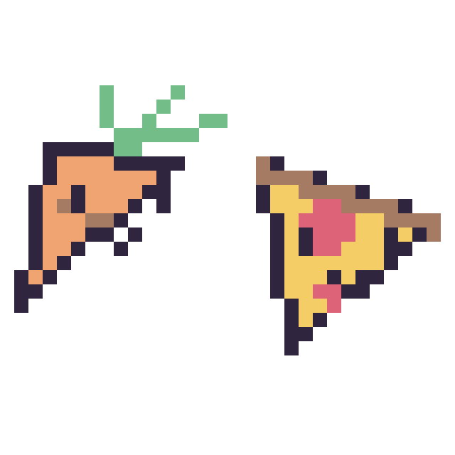 Modèle de pixel art Carotte kawaii 16 × 16 et Pizza kawaii 16 × 16 sur une grille de 32 par 32 cases
